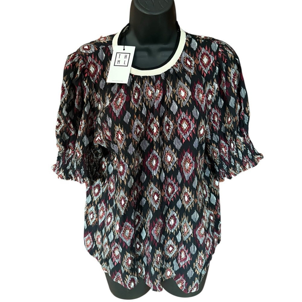 NWT THML Black Multicolor Ikat Print Floral Short Sleeve Blouse 100% Rayon - Picture 4 of 6